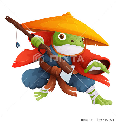 Cartoon Frog Samurai Warrior with Katana, Wearing Traditional Japanese Clothing. Cartoon Frog Samurai Warrior with Katana, Wearing Traditional Japanese Clothing. 126730194