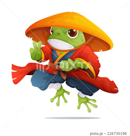 Cartoon Frog Ninja Warrior with Conical Hat, Red Robe, Ready to Strike a Pose 126730196
