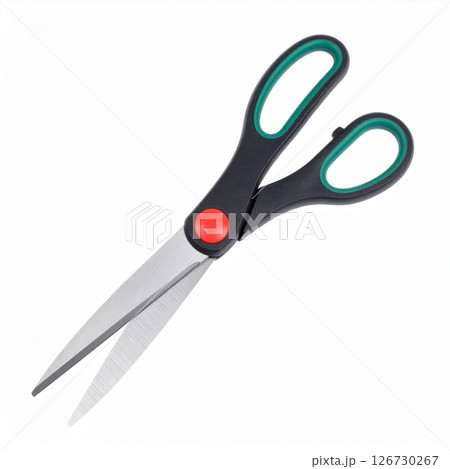 Black And Green Scissors With Red Detail On White Background 126730267