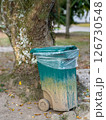Trash bin with dirt in natural outdoor setting beside tree, showing urban waste and environmental decay Trash bin with dirt in natural outdoor setting beside tree, showing urban waste and environmental decay 126730548