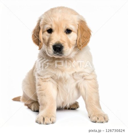Adorable Golden Retriever Puppy Sitting on White Background 126730824