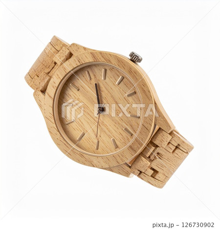 Light Beige Wooden Wristwatch on White Background 126730902
