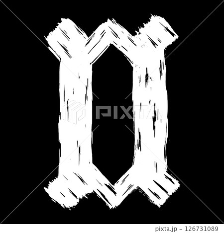 Gothic brushstroke letter. White letter on black background. Vector medieval font. 126731089