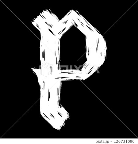 Gothic brushstroke letter. White letter on black background. Vector medieval font. 126731090