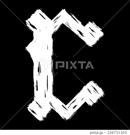 Gothic brushstroke letter. White letter on black background. Vector medieval font. 126731103