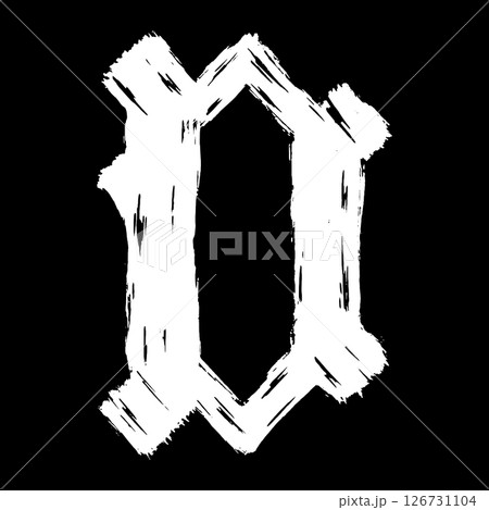 Gothic brushstroke letter. White letter on black background. Vector medieval font. 126731104