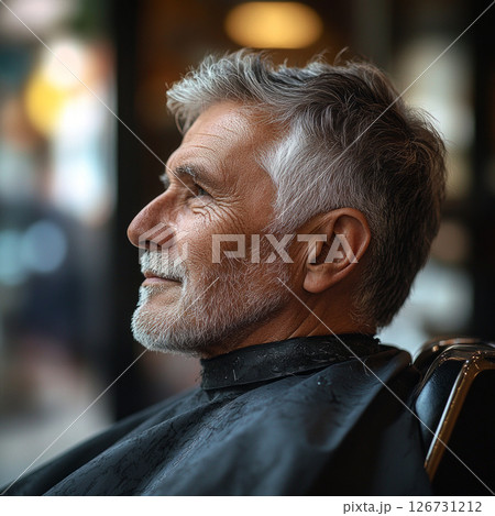 A senior European male sits in a barber chair, calmly awaiting his haircut. Natural light streams in through the shop's windows, creating a warm atmosphere 126731212