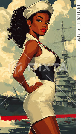 A confident woman stands in a stylish uniform against a bold red backdrop, with a naval ship prominently displayed behind her, capturing the essence of 1950s pin-up art 126731261