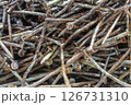 Rusty twisted nails extracted from wood. 126731310