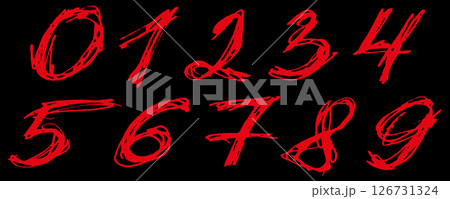 Red scribbled numbers on black background. Vector font. 126731324