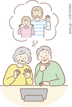 孫とビデオ通話する高齢者夫婦_正面 126731404