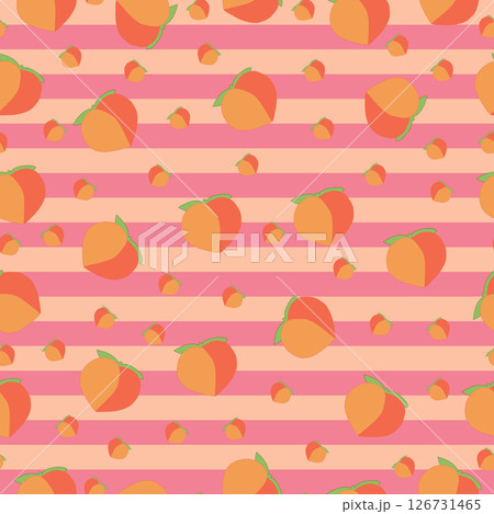 Peach seamless pattern on horizontal stripes background. Summer juicy vector design. Perfect for textile, table cloth, dish cloth and wallpapers. Peach seamless pattern on horizontal stripes background. Summer juicy vector design. Perfect for textile, table cloth, dish cloth and wallpapers. 126731465