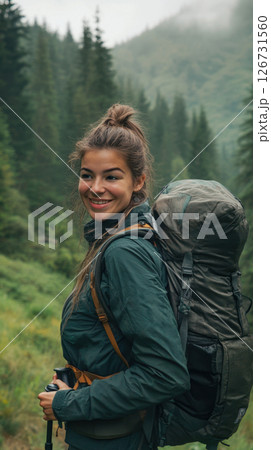 Smiling hiker enjoys mountain view 126731560