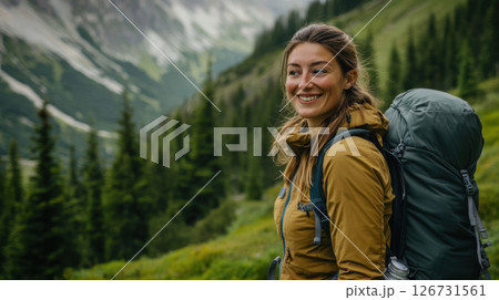 Happy hiker in green hills 126731561