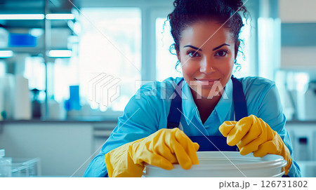 Bautiful smiling woman cleaner in work clothes and rubber gloves 126731802
