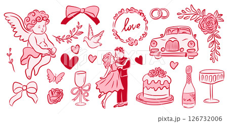 Beautiful and Romantic Wedding Illustrations Featuring Various Love Symbols and Themes 126732006