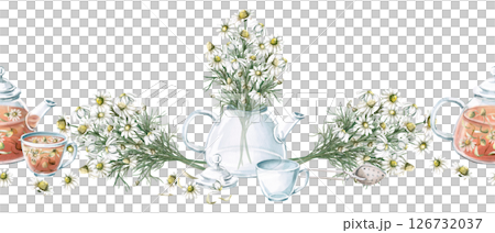 Seamless border with bouquets of daisies, teapots and cups with chamomile tea. Isolated watercolor illustration for tea packaging design, cafes menu, printing on kitchen textiles. 126732037