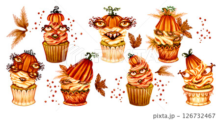 Whimsical watercolor set of orange Halloween cupcakes with pumpkin heads, eerie eyes, creepy faces for spooky branding, bakery packaging, seasonal menu, cafe decor, patisseries, Halloween party 126732467