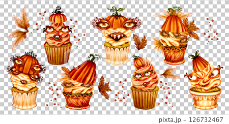 Whimsical watercolor set of orange Halloween cupcakes with pumpkin heads, eerie eyes, creepy faces for spooky branding, bakery packaging, seasonal menu, cafe decor, patisseries, Halloween party 126732467