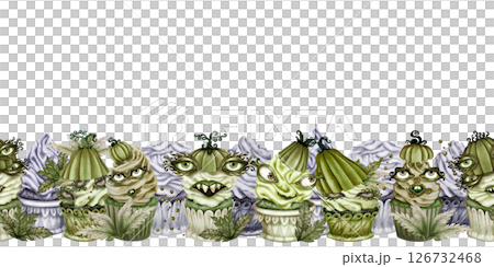 Watercolor seamless border of green Halloween cupcakes with pumpkin heads, eerie eyes, creepy faces for spooky branding, bakery packaging, seasonal menu, cafe decor, patisseries, Halloween party 126732468
