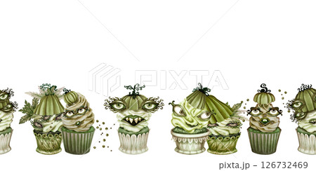 Watercolor seamless border of green Halloween cupcakes with pumpkin heads, eerie eyes, creepy faces for spooky branding, bakery packaging, seasonal menu, cafe decor, patisseries, Halloween party Watercolor seamless border of green Halloween cupcakes with pumpkin heads, eerie eyes, creepy faces for spooky branding, bakery packaging, seasonal menu, cafe decor, patisseries, Halloween party 126732469