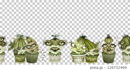 Watercolor seamless border of green Halloween cupcakes with pumpkin heads, eerie eyes, creepy faces for spooky branding, bakery packaging, seasonal menu, cafe decor, patisseries, Halloween party 126732469