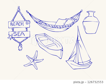 Set of sea beach doodles. Hand drawn outline sketches 126732553
