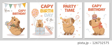 Happy Birthday greeting cards or invitations in hand-drawn style with cute capybara, balloon, cake, flowers, garland. Capy birthday text. Amusing capibara character. Vector templates for party, event. Happy Birthday greeting cards or invitations in hand-drawn style with cute capybara, balloon, cake, flowers, garland. Capy birthday text. Amusing capibara character. Vector templates for party, event. 126732575