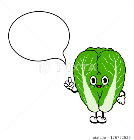 Happy cartoon Napa Cabbage character pointing and speaking with empty speech bubble, ideal for healthy food and vegan concepts Happy cartoon Napa Cabbage character pointing and speaking with empty speech bubble, ideal for healthy food and vegan concepts 126732629