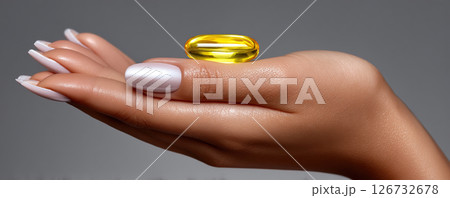 Elegant hand with a golden capsule pill, showcasing beauty and health concepts elegantly. 126732678