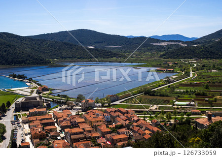 Panoramic view of the oyster beds in Ston, Croatia. Destination exotic tourist Panoramic view of the oyster beds in Ston, Croatia. Destination exotic tourist 126733059