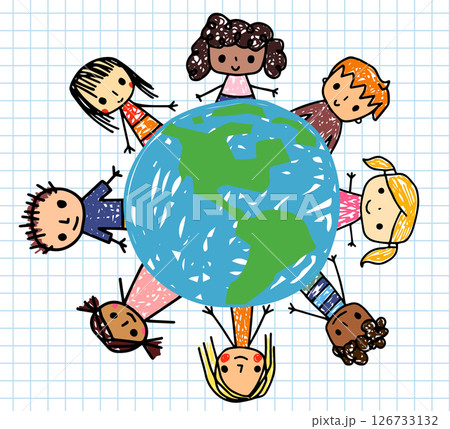 Cute vector kids around a drawing of the Earth, Doodle stick figures - boys and girls with different skin tones for Children's Day or Earth Day Cute vector kids around a drawing of the Earth, Doodle stick figures - boys and girls with different skin tones for Children's Day or Earth Day 126733132