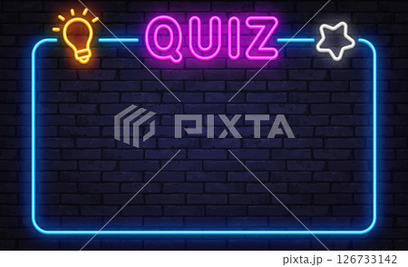 Colorful neon quiz frame with bulb and star icons, glowing pink quiz text on dark background, trivia game layout Colorful neon quiz frame with bulb and star icons, glowing pink quiz text on dark background, trivia game layout 126733142
