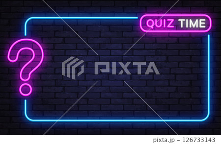 Dark neon template with pink question mark and quiz time tag, glowing blue border, modern trivia screen design 126733143