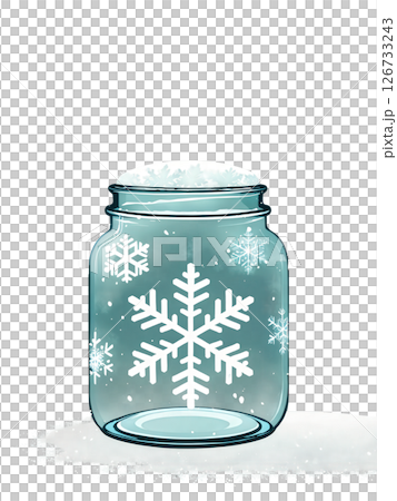 Icy blue glass jar with a snowflake design, set against a backdrop of snow-covered trees and frosty mist 126733243
