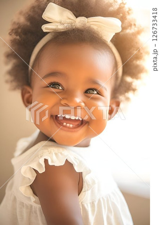 A little girl, dressed in white with a headband, smiles happily 126733418
