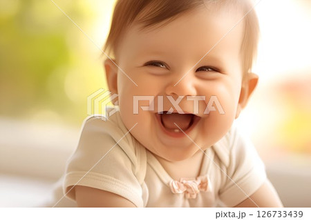 A young child is giggling and gazing towards the camera 126733439