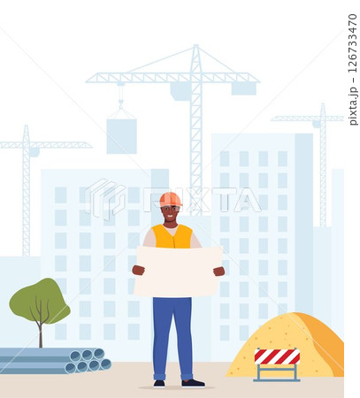 Construction worker, industrial technician builder over city construction site. Tower cranes building residential buildings. Black Man engineer in uniform and orange protective helmet. Vector. 126733470