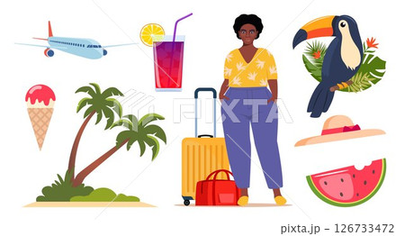 Summer icons. Black woman with suitcase, airplane, toucan, tropical palm leaves, ice cream, cocktail, palm, watermelon, hat. Concept of adventure, journey, summer trip. Vector. 126733472