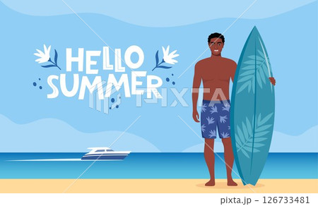 Young black man surfer with surfboard standing on the beach. Seashore and Hello Summer lettering. Concept of adventure, journey, summer trip. Vector Illustration. Young black man surfer with surfboard standing on the beach. Seashore and Hello Summer lettering. Concept of adventure, journey, summer trip. Vector Illustration. 126733481