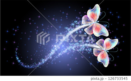 Magic butterflies with fantasy sparkle and blazing trail and glowing stars on night background 126733545