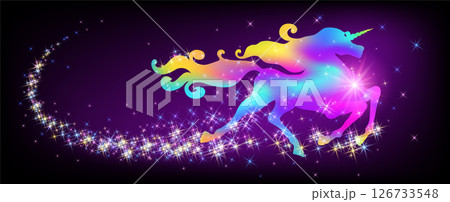 Galloping iridescent unicorn with luxurious winding mane against the background of the fantasy universe with stars. Galloping iridescent unicorn with luxurious winding mane against the background of the fantasy universe with stars. 126733548