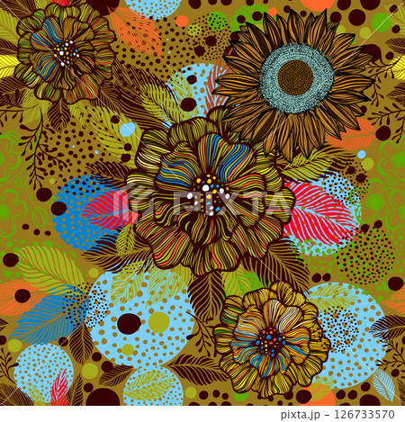 colored graphic flowers seamless pattern. Not AI. Vector illustration. 126733570