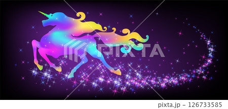 Galloping iridescent unicorn with luxurious winding mane against the background of the fantasy universe with sparkling stars. 126733585
