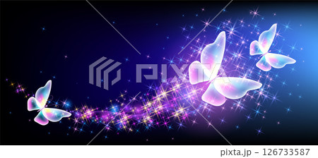 Butterflies with sparkle and blazing trail flying in night sky among shiny glowing stars in cosmic space. Animal protection day concept. Butterflies with sparkle and blazing trail flying in night sky among shiny glowing stars in cosmic space. Animal protection day concept. 126733587