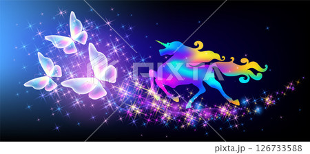 Galloping unicorn with luxurious winding mane and flying magic butterflies against the background of the fantasy universe with sparkling stars. 126733588