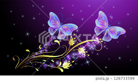 Fairytale night sky with magical blue butterflies and floral ornament and stars. Fantasy sparkle background. 126733599