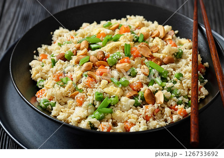 fried cauliflower rice with scrambled egg, veggies fried cauliflower rice with scrambled egg, veggies 126733692