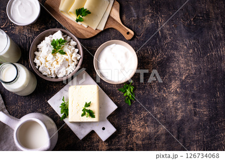 Dairy products. Milk, cottage cheese, cream, butter and yogurt 126734068