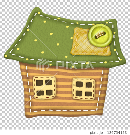 Textile house for decoration. Watercolor illustration handmade crafts. Cute cozy home for printing postcards, notebooks, stickers, dishes, T-shirts, etc. Design of a site on sewing and needlework. 126734128